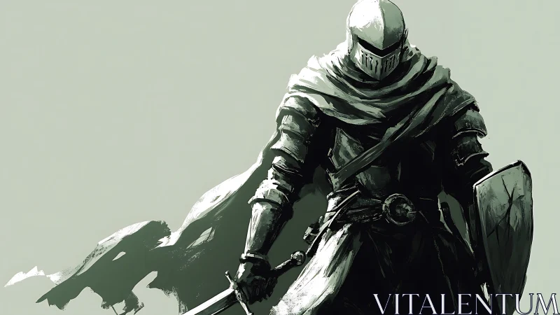 Steel-clad knight advancing with sword and shield.