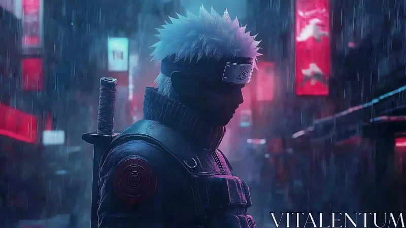 Silhouetted futuristic warrior in rainy neon city street scene.