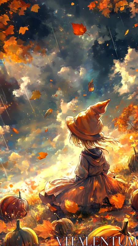 Autumn witch in pumpkin field observes luminous storm sky