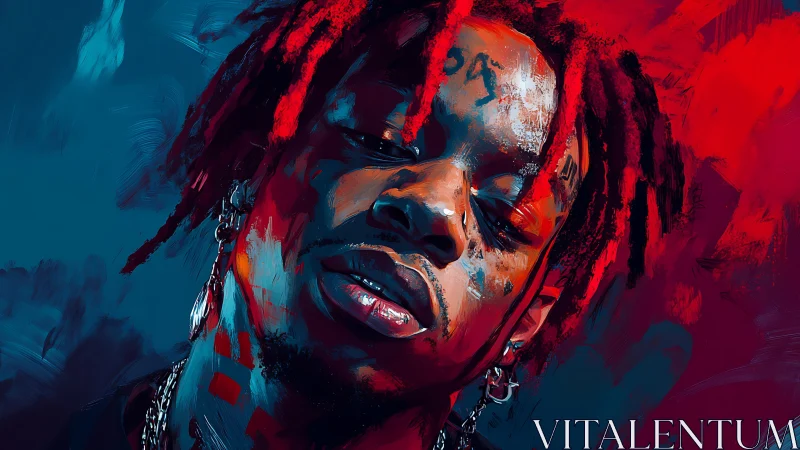 Crimson dreadlocks drift through neon stormlight portraiture.