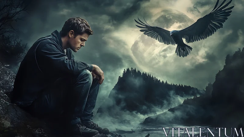 Brooding man and raven under stormy moonlit cliffs.