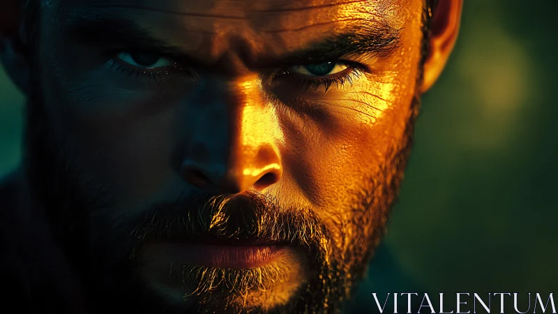 Intense bearded gaze glowing in bold golden sunlight.