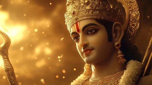 Divine warrior portrait with ornate golden crown and trident