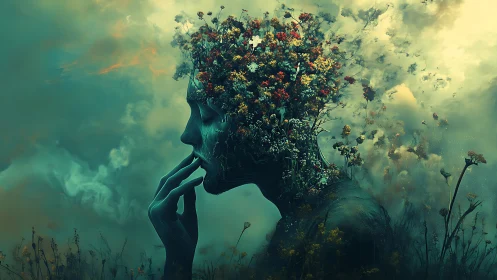Surreal botanical portrait with blooming cerebral landscape.