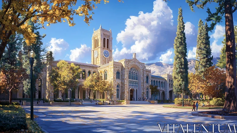 Sunlit collegiate clocktower amid autumn campus quad.