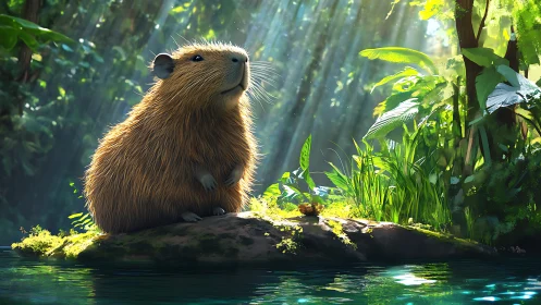 Capybara rests on sunlit jungle rock above reflective water