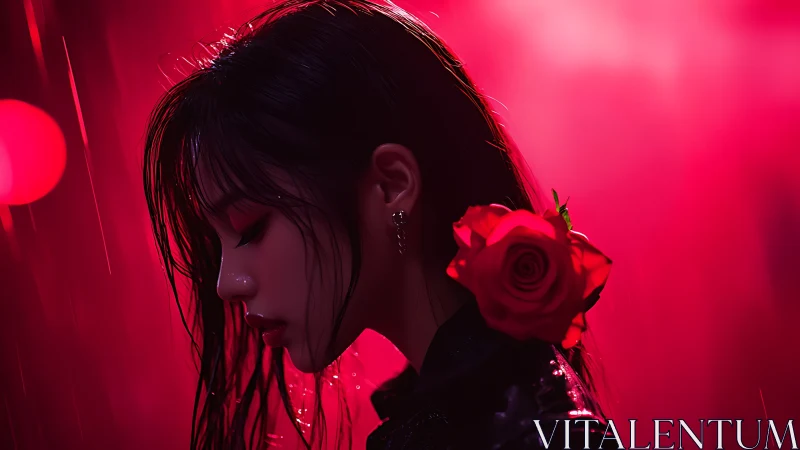 Moody side profile portrait with red rose and neon light.
