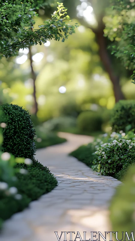 Sunny garden path winding through soft green daydreams.