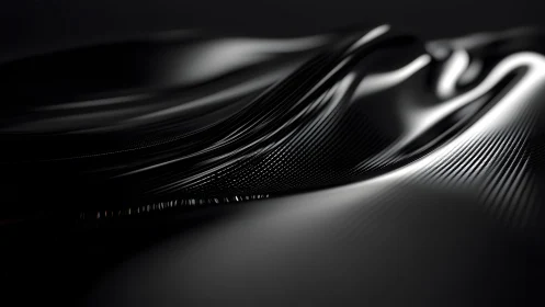 Abstract flowing black waves with metallic texture, digital art.