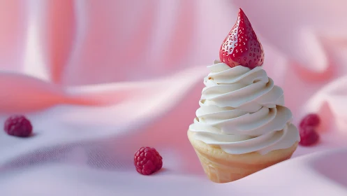 Strawberry swirl cupcake on soft pink satin backdrop.