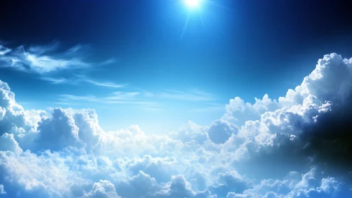 Radiant sun above luminous blue sky cloudscape.