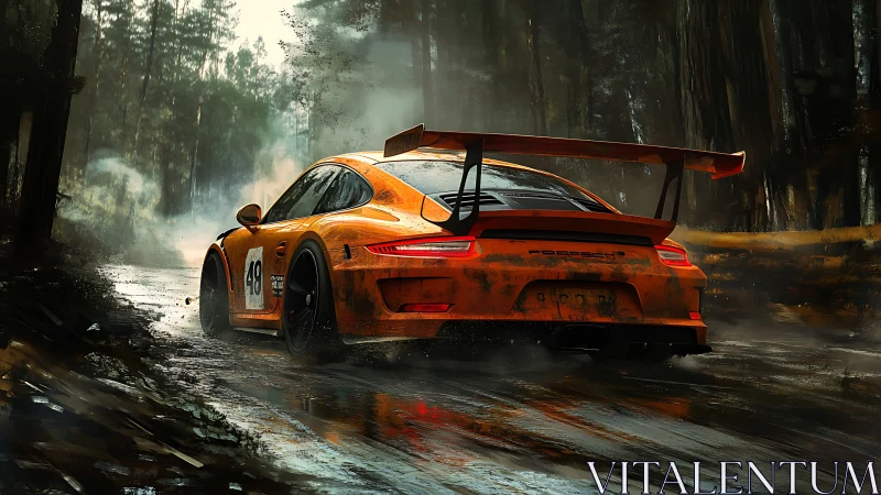 Orange race car on wet forest road with rear perspective.