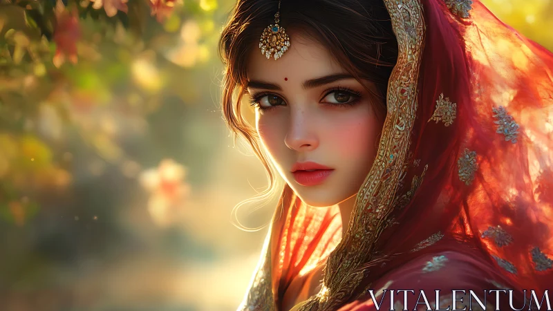 Sunlit gaze beneath jeweled scarlet bridal veil glow.