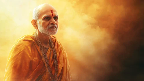 Monastic portrait in volumetric saffron light convergence.