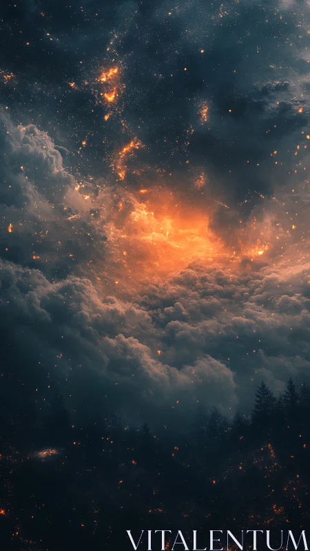 Celestial Nebula Erupts Above Dark Forest Silhouette.