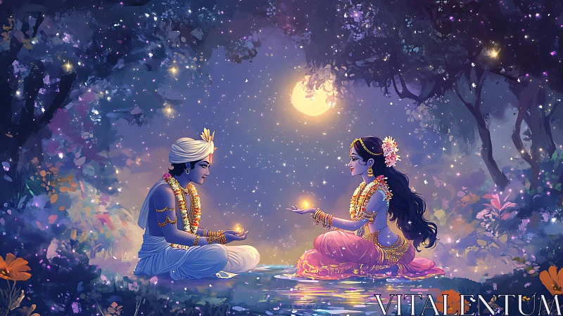 Divine couple sharing light in a moonlit enchanted forest.