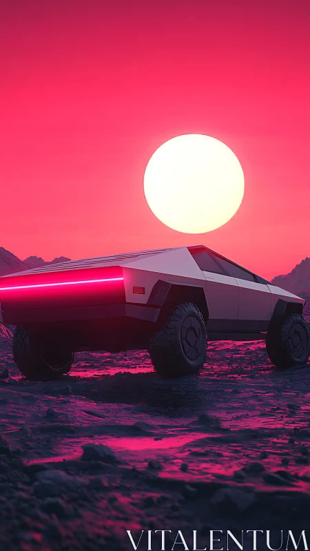 Electric rover hums toward a neon sun on alien asphalt