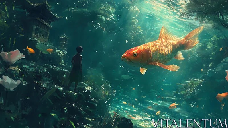Golden koi glides through mystical submerged temple realm.