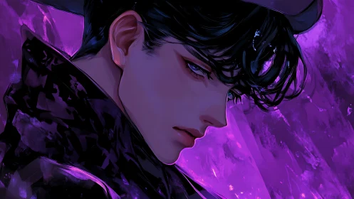Brooding anime man in purple neon painterly lighting.