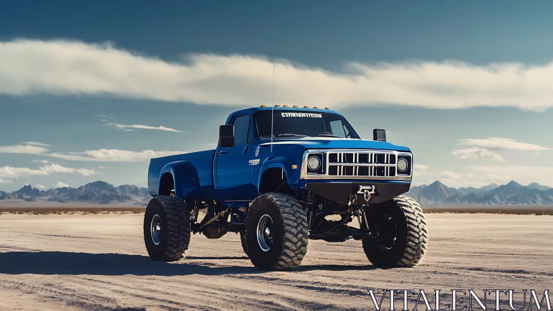 Bold blue lifted truck stands proudly on a wide desert plain