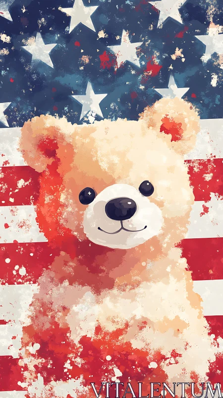 Bear illustration stands before stylized United States flag