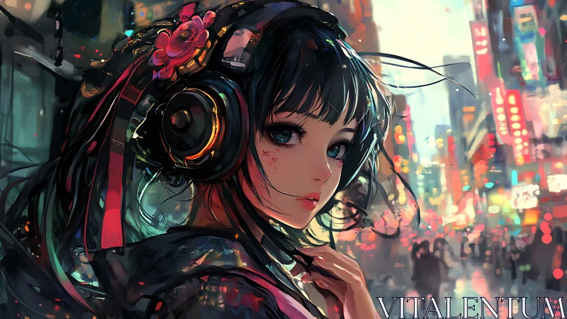 Girl with headphones in neon city street at night.
