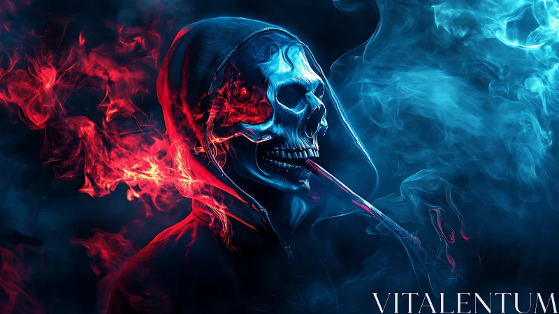 Hooded flaming skull in red and blue smoke on dark background.