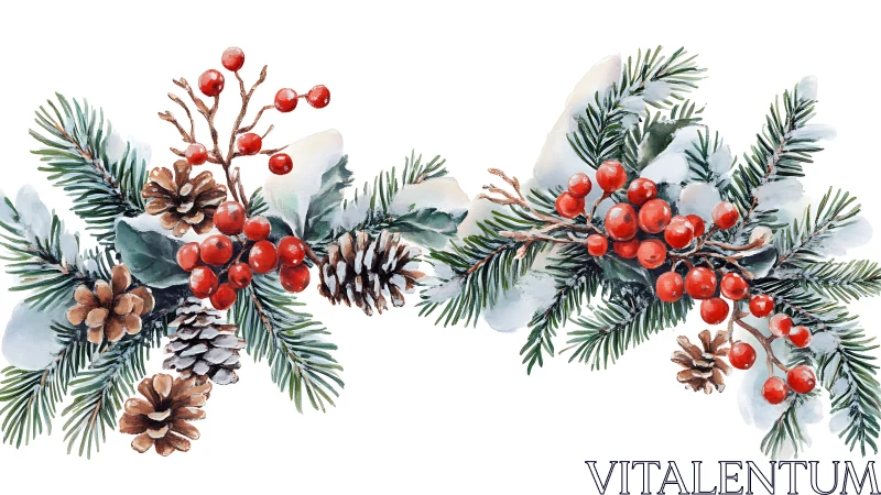 Watercolor fir branches with pinecones and red berries border.