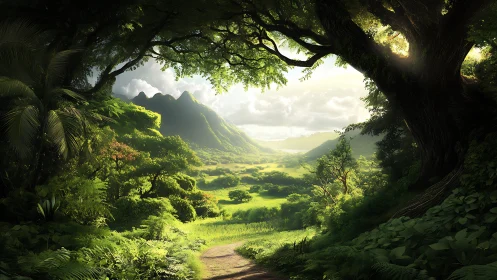 Verdant Portal: Where Ancient Trees Frame Paradise.