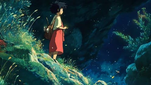 Child stands on mossy cliff edge watching glowing night scene