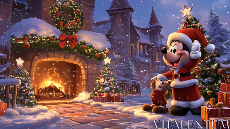 Snowy Christmas courtyard with joyful cartoon friends.