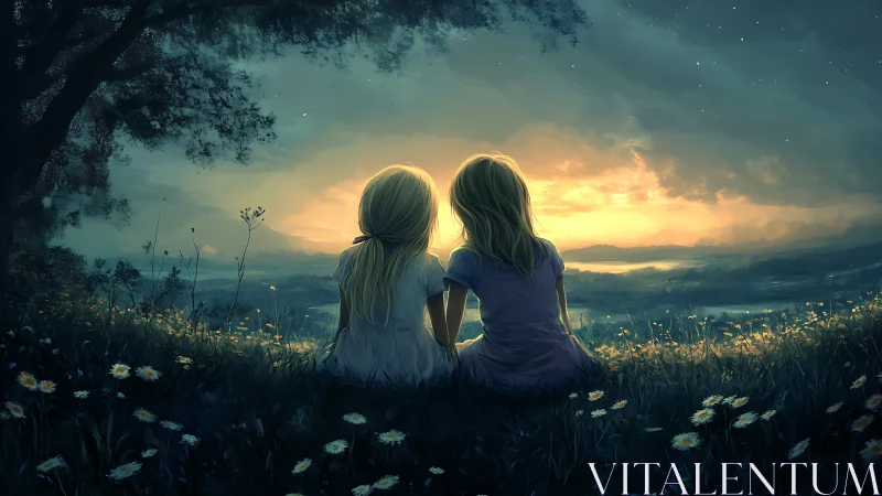 Two Girls Watching Sunset Over Meadow with Tree.
