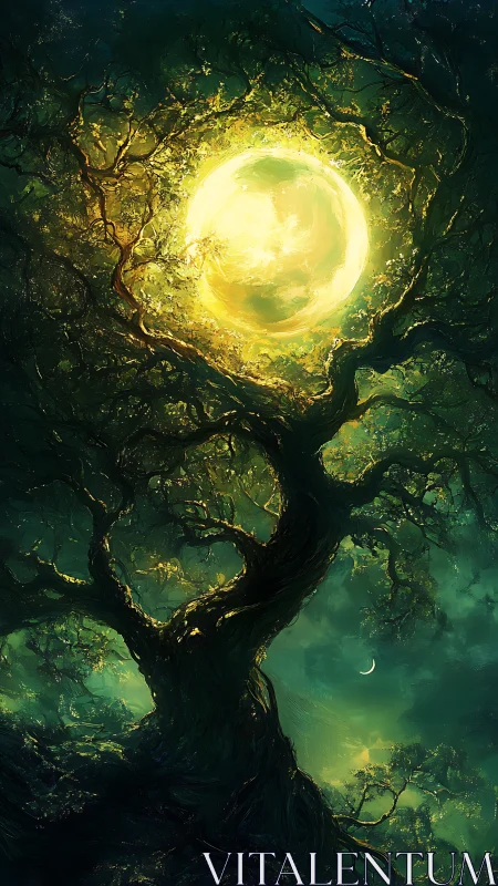 Enchanted forest tree cradles a radiant celestial moon orb.