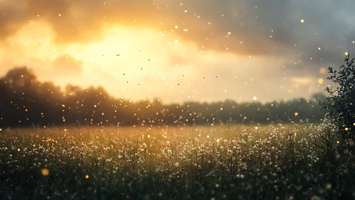 Digital dusk meadow with luminous pollen drift composition.