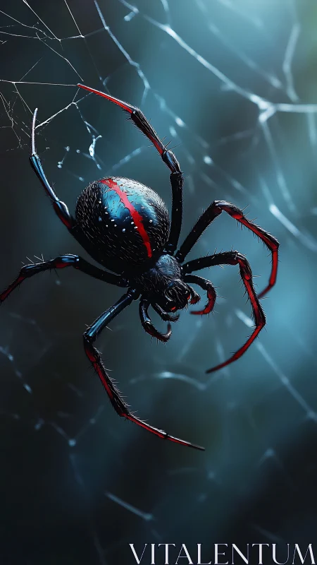 Black widow spider on web in moody blue light.