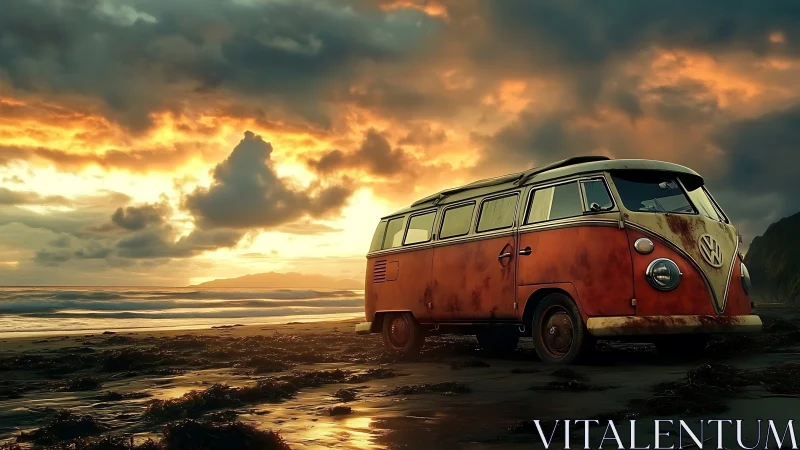Rust-colored vintage van stands on wet coastal shoreline