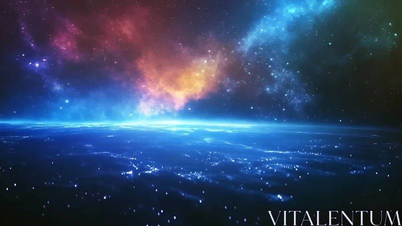 Nebula tides quietly ignite above a shimmering cosmic sea