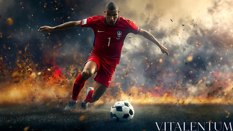 Explosive soccer striker charges forward through blazing smoke