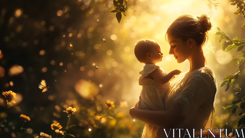 Sunlit garden cradles a mother and child in golden hush