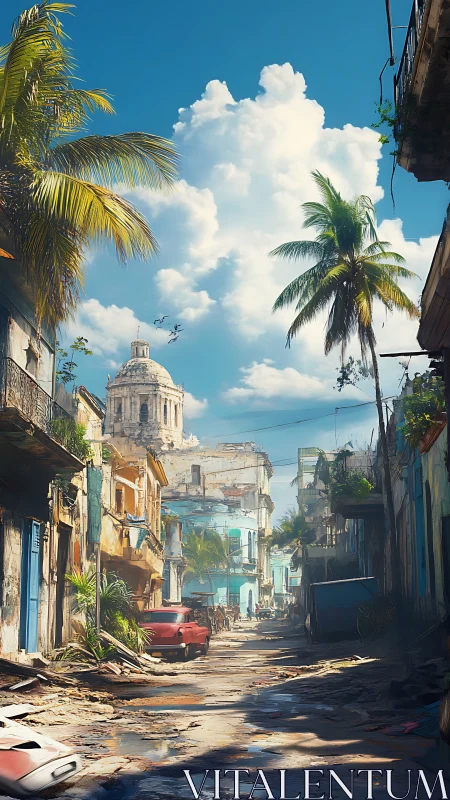 Sunlit tropical street welcomes quiet life beneath clouds