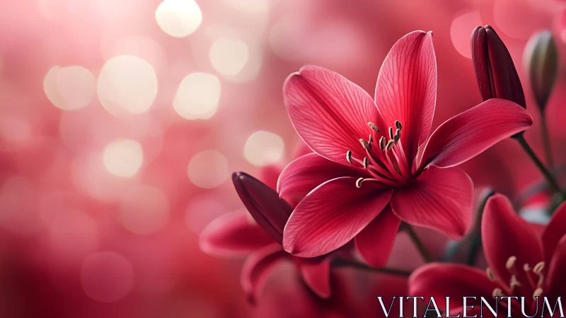 Deep Crimson Lily Blooms with Translucent Petals Against Soft Pink Bokeh Gradient