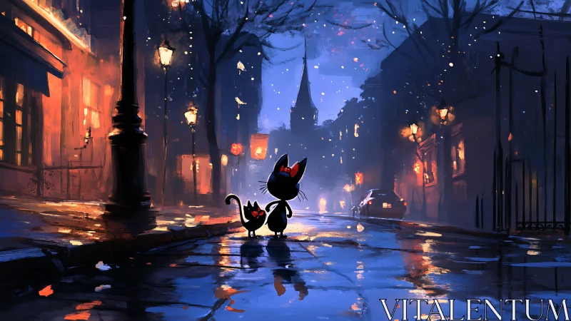 Silhouetted Cats in Luminous Urban Twilight.