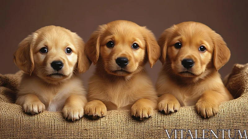 Three golden retriever puppies in a burlap basket, posing.
