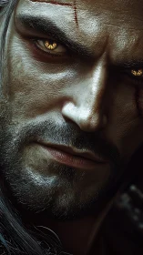 Photorealistic warrior close-up with scarred, dramatic lighting.