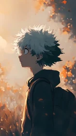 Soft autumn glow around a daydreaming anime wanderer.