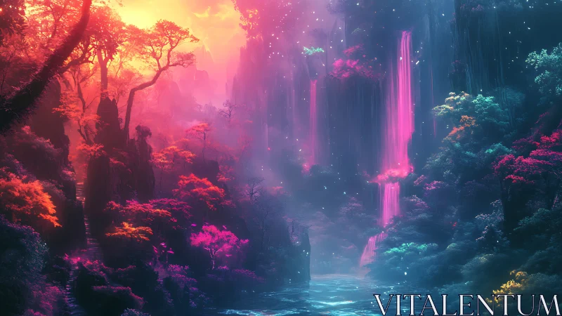 Digital render depicting waterfall in forest canyon with neon lighting