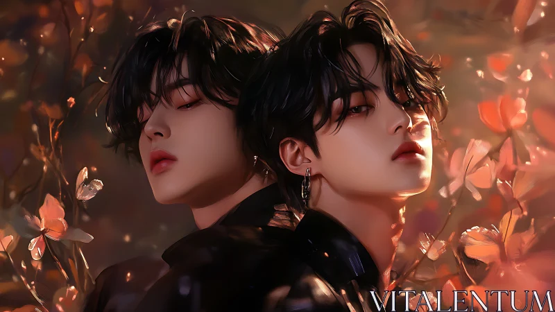 Dual portraits in soft floral light with reflective mood.