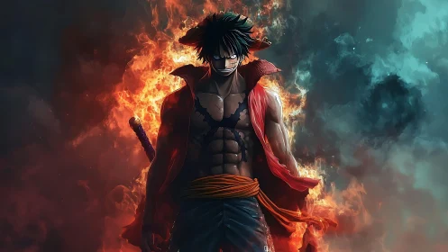 Anime warrior in fiery bilateral color-contrast composition.