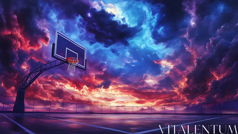 Storm-lit rooftop basketball court glows under vivid sunset