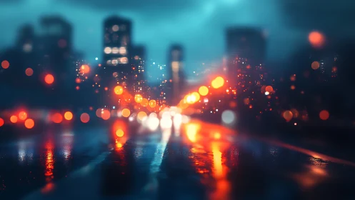 Blurred neon city street with wet reflections at night.